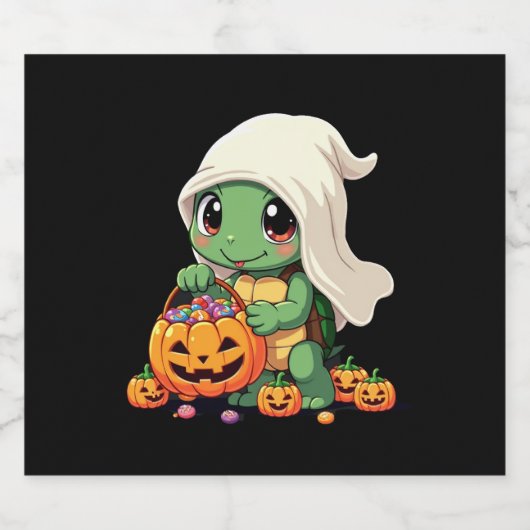 Cute Halloween Turtle Ghost with Candy (3) Sparkling Wijnetiket (Enkel label)