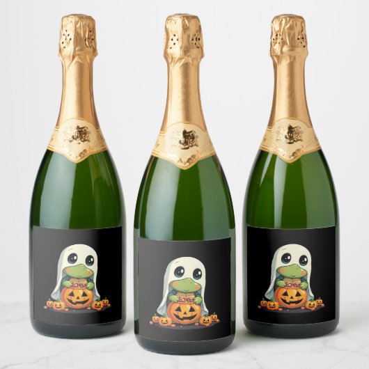 Cute Halloween Turtle Ghost with Candy (5) Sparkling Wijnetiket (Flessen)