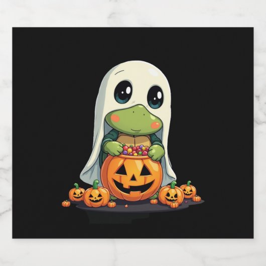 Cute Halloween Turtle Ghost with Candy (5) Sparkling Wijnetiket (Enkel label)
