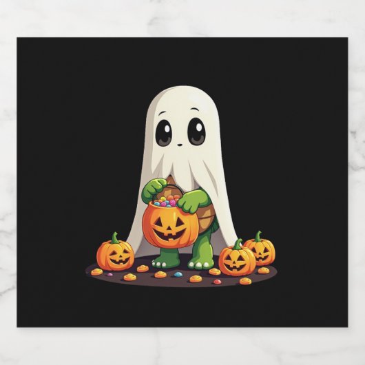 Cute Halloween Turtle Ghost with Candy (6) Sparkling Wijnetiket (Enkel label)