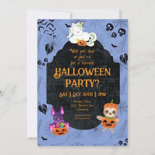 Cute Halloween Unicorn, Bat, Sloth Party Kaart (Voorkant)