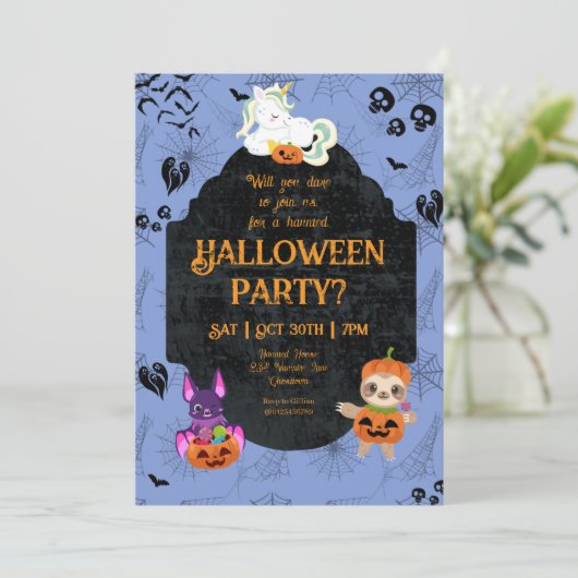 Cute Halloween Unicorn, Bat, Sloth Party Kaart (Staand voorkant)