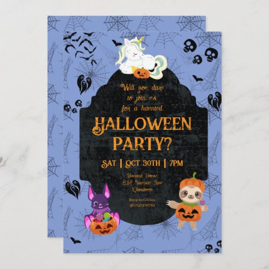 Cute Halloween Unicorn, Bat, Sloth Party Kaart (Voorkant / Achterkant)