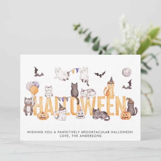 Cute Halloween Waterverf Cats Personalized Feestdagenkaart (Staand voorkant)