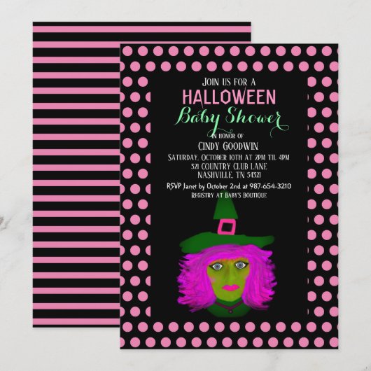 Cute Halloween Witch Black Pink Girl Baby shower Kaart (Voorkant / Achterkant)