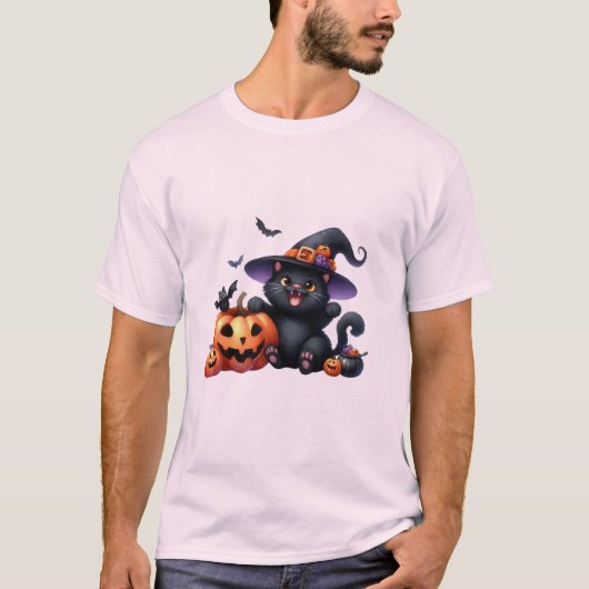 Cute Halloween Witch Cat & Pumpkin Friend  🐾🎃 T-shirt (Voorkant)