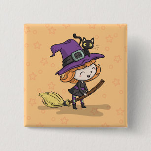 Cute Halloween Witch en Cat   Button