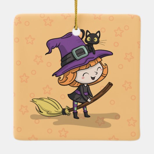 Cute Halloween Witch en Cat | Versiering Keramisch Ornament (Achterkant)