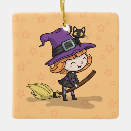 Cute Halloween Witch en Cat | Versiering Keramisch Ornament (Voorkant)