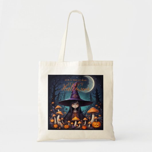 Cute Halloween Witch in Spooky Scene with Pumpkins Tote Bag (Voorkant)