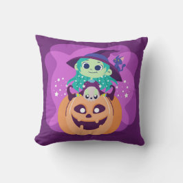 Cute Halloween Witch op Spooky Pumpkin en Cat Kussen