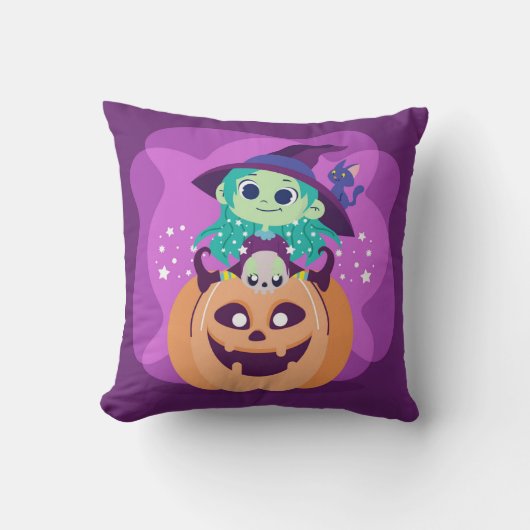 Cute Halloween Witch op Spooky Pumpkin en Cat Kussen (Voorkant)