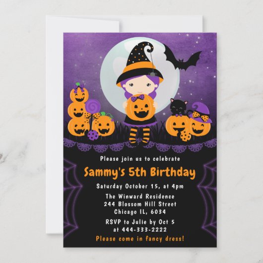 Cute Halloween Witch & Pumpkins Birthday Party Kaart (Voorkant)