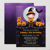 Cute Halloween Witch & Pumpkins Birthday Party Kaart (Voorkant / Achterkant)