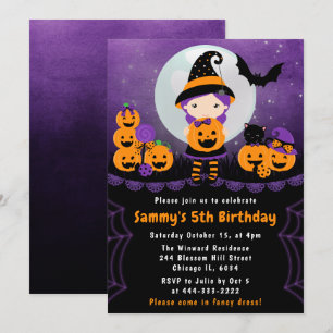 Cute Halloween Witch & Pumpkins Birthday Party Kaart