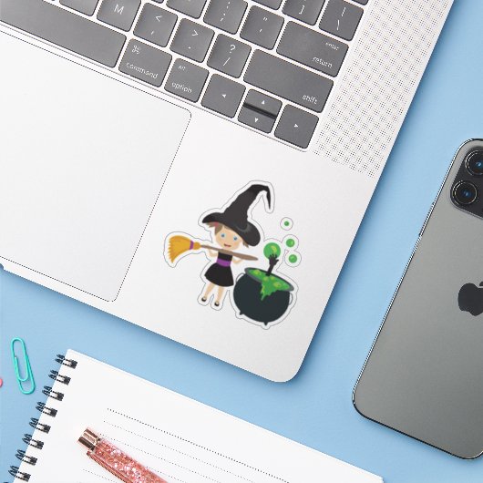 Cute Halloween Witch Sticker (Laptop met iPhone)