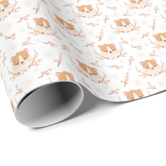 Cute Hamster Face and Pink Flowers Pattern Cadeaupapier