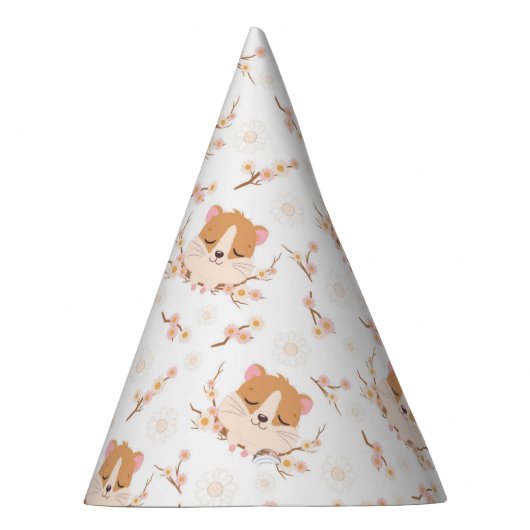 Cute Hamster Face and Pink Flowers Pattern Feesthoedjes (Rechts)