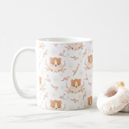 Cute Hamster Face and Pink Flowers Pattern Koffiemok (Met donut)