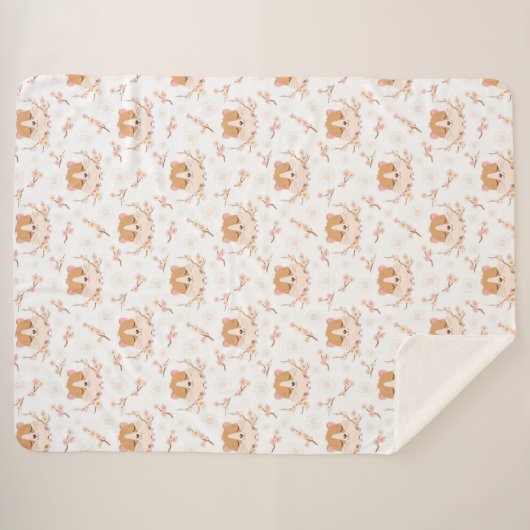 Cute Hamster Face and Pink Flowers Pattern Sherpa Deken (Voorkant (horizontaal))
