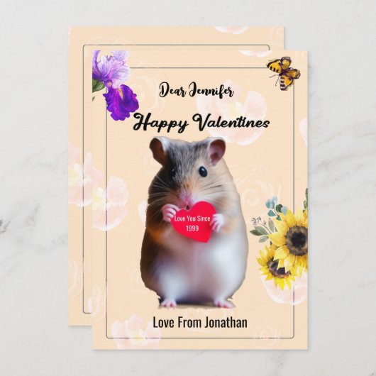 Cute Hamster Heart en flora design Valentijn Bedankkaart (Voorkant / Achterkant)