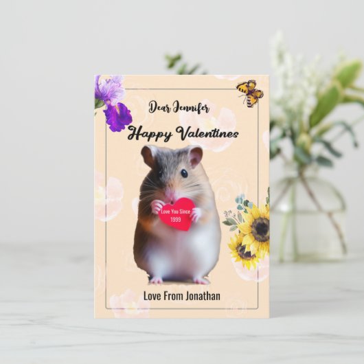Cute Hamster Heart en flora design Valentijn Bedankkaart (Staand voorkant)