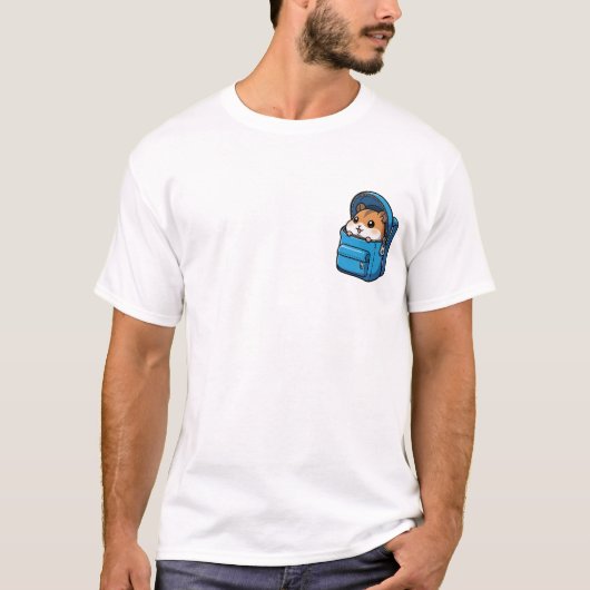 Cute Hamster Peeking Out of Blue Backpack Cartoon T-shirt (Voorkant)