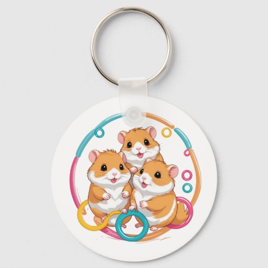 Cute Hamster Trio in Colorful Rings Sleutelhanger (Voorkant)