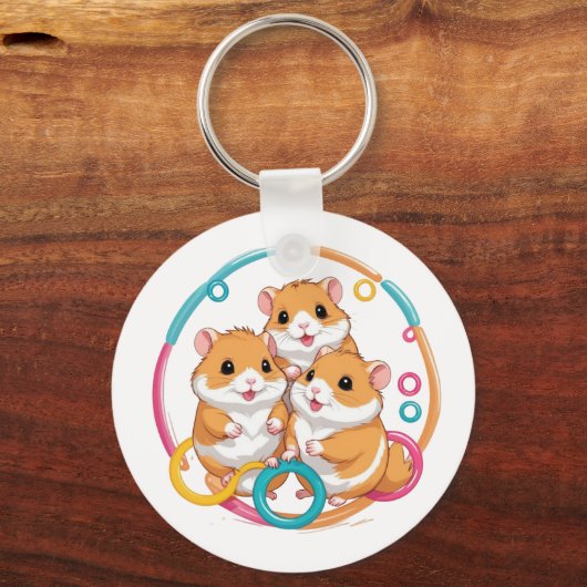 Cute Hamster Trio in Colorful Rings Sleutelhanger (Achterkant)
