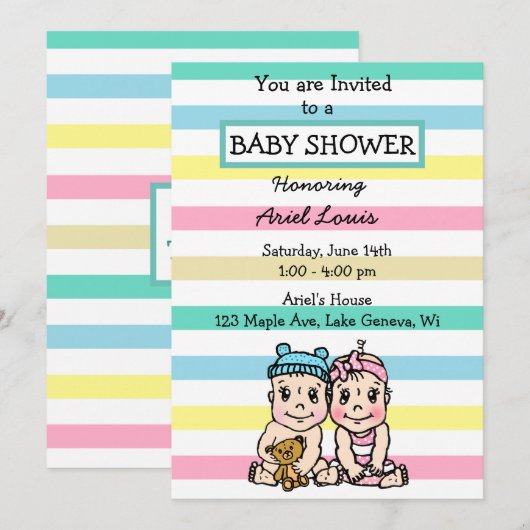 Cute Hand-draw Boy and Girl Twins Baby shower Kaart (Voorkant / Achterkant)