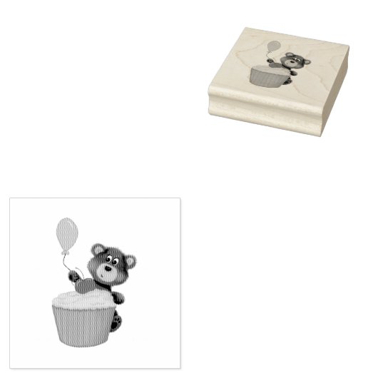 Cute Hand Drawn Brown Bear with Balloon & Cupcake Rubberstempel (Gestempeld)