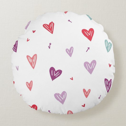 Cute Hand-Drawn Colorful Hearts Round Pillow Rond Kussen (Voorkant)