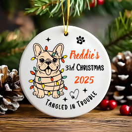 Cute Hand Drawn French Bulldog's First Christmas Keramisch Ornament