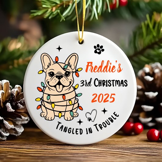 Cute Hand Drawn French Bulldog's First Christmas Keramisch Ornament