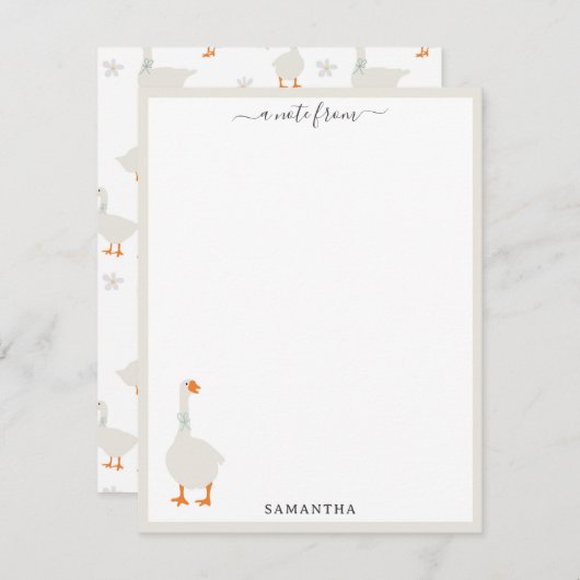 Cute Hand Drawn Goose & Daisies Custom Name Notitiekaartje (Voorkant / Achterkant)