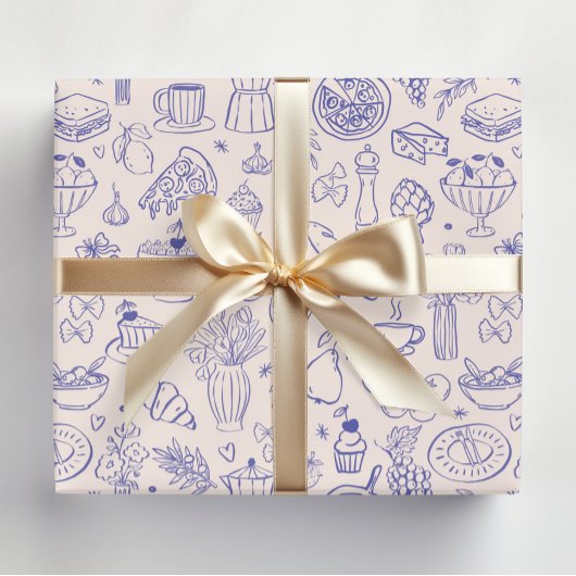 Cute Hand Drawn Italian Food and Flowers Kitchen Inpakpapier Vel