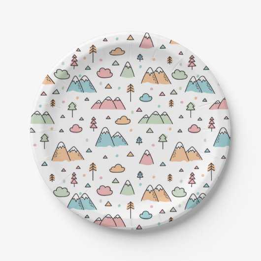 Cute Hand Drawn Mountain Scene Pattern Papieren Bordje (Voorkant)