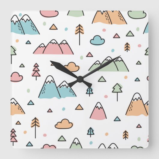 Cute Hand Drawn Mountain Scene Pattern Vierkante Klok (Voorkant)