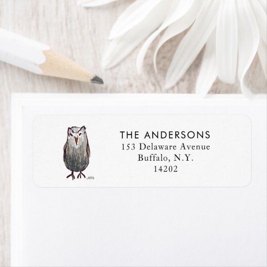 Cute Hand-Drawn Owl Whimsical Bird Return Address Etiket (Insitu)