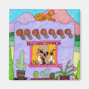 Cute Hand Drawn Paarse Adobe House Cats Desert Magneet
