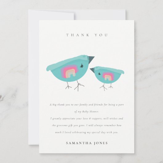Cute Hand Drawn Rainbow Blue Birdy Baby shower Bedankkaart (Voorkant)