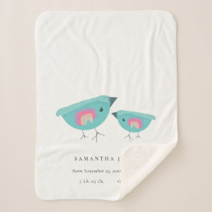 Cute Hand Drawn Rainbow lue Birdy Baby Birth Stat Sherpa Deken