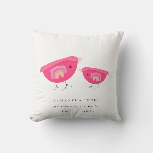 Cute Hand Drawn Rainbow Pink Birdy Baby Birth Stat Kussen (Voorkant)