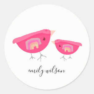 Cute Hand Drawn Rainbow Pink Birdy Moeder Baby Ronde Sticker