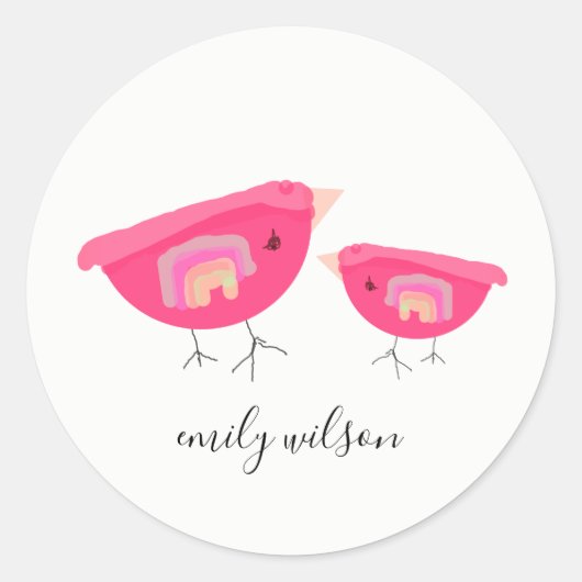 Cute Hand Drawn Rainbow Pink Birdy Moeder Baby Ronde Sticker (Voorkant)