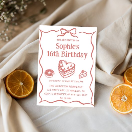 Cute Hand-Drawn Sweets & Ribbon Sweet 16 Birthday Kaart