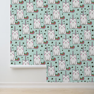 Cute Hand Drawn Unicorn Cat Pattern Behang