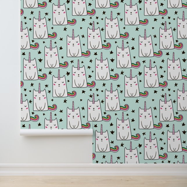 Cute Hand Drawn Unicorn Cat Pattern Behang (Applicatie)