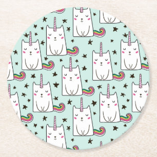 Cute Hand Drawn Unicorn Cat Pattern Ronde Kartonnen Onderzetter