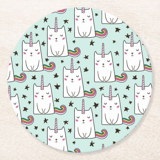 Cute Hand Drawn Unicorn Cat Pattern Ronde Kartonnen Onderzetter (Voorkant)